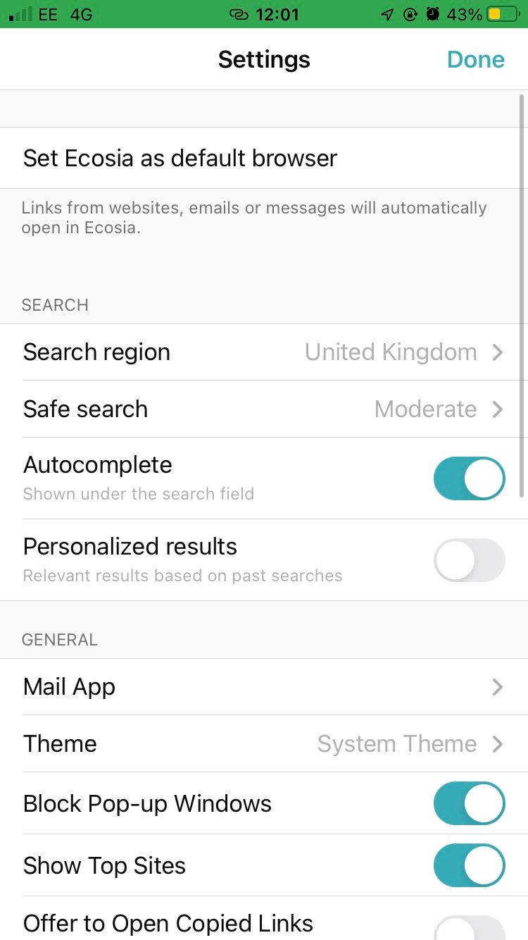 Settings tab of Ecosia's iOS mobile browser.