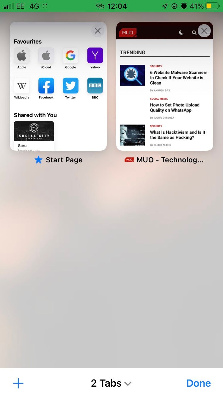 Multiple docked tabs on Safari's iOS mobile browser.