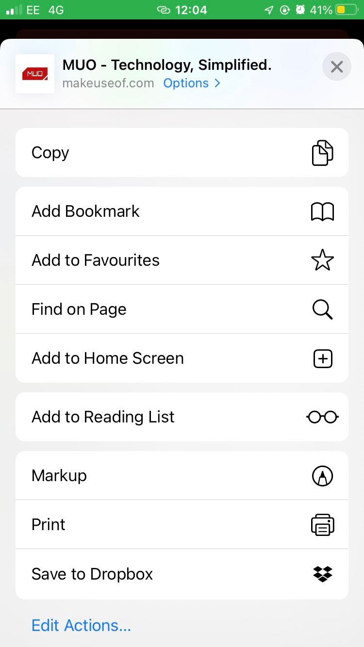 Sharing options on Safari's iOS mobile browser.
