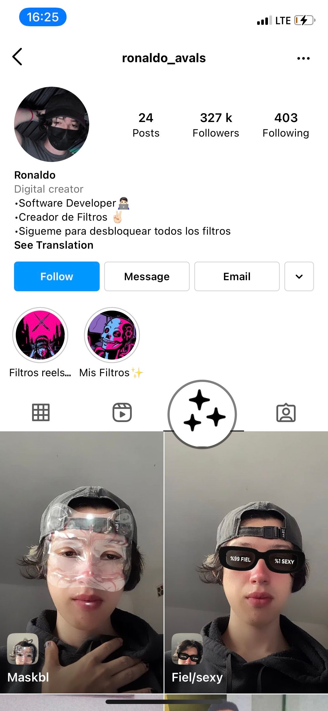 Find AR Filters via creators' Instagram profile