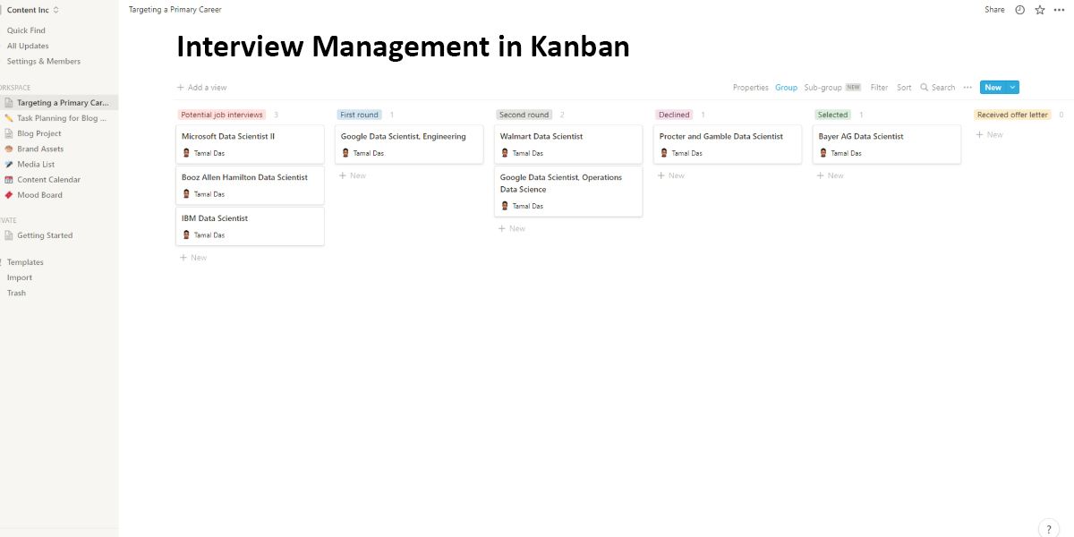 A visual of the interview management in a kanban board