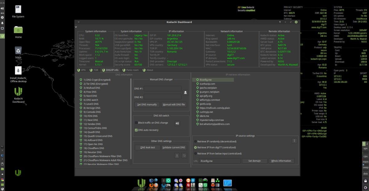 Kodachi Linux dashboard