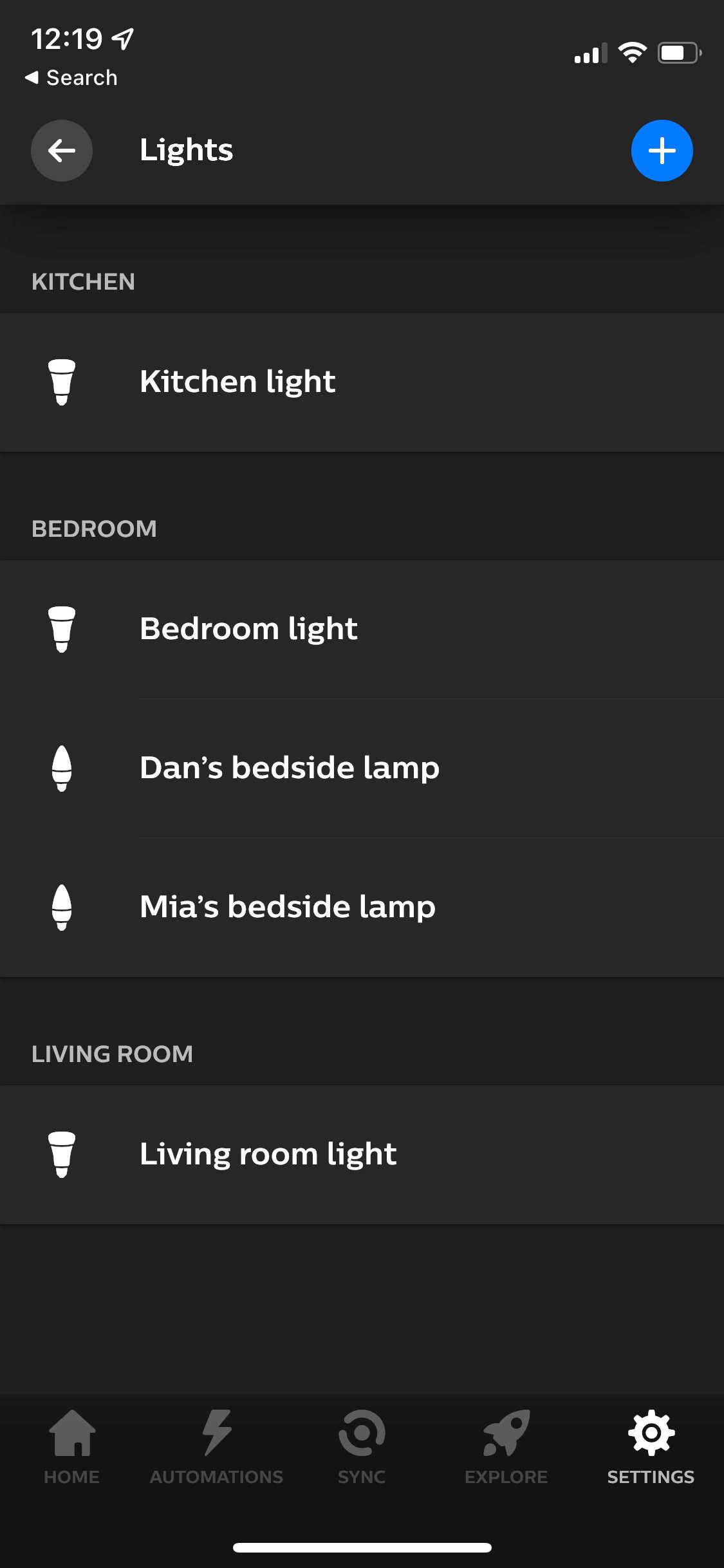 Lights page in Philips Hue app