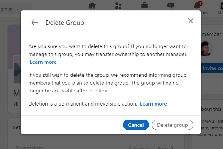 LinkedIn click Delete group