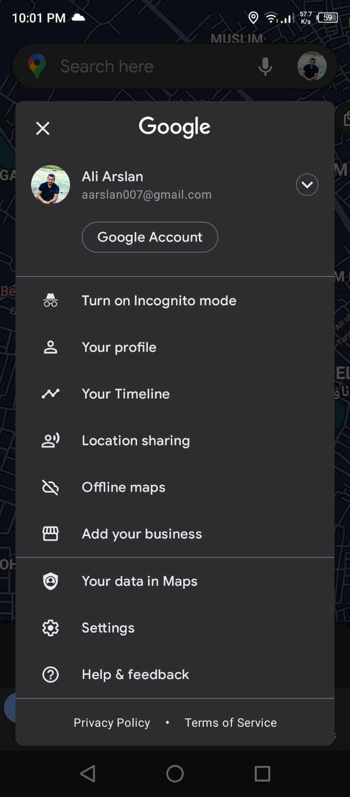 Main Settings Menu in the Google Maps App