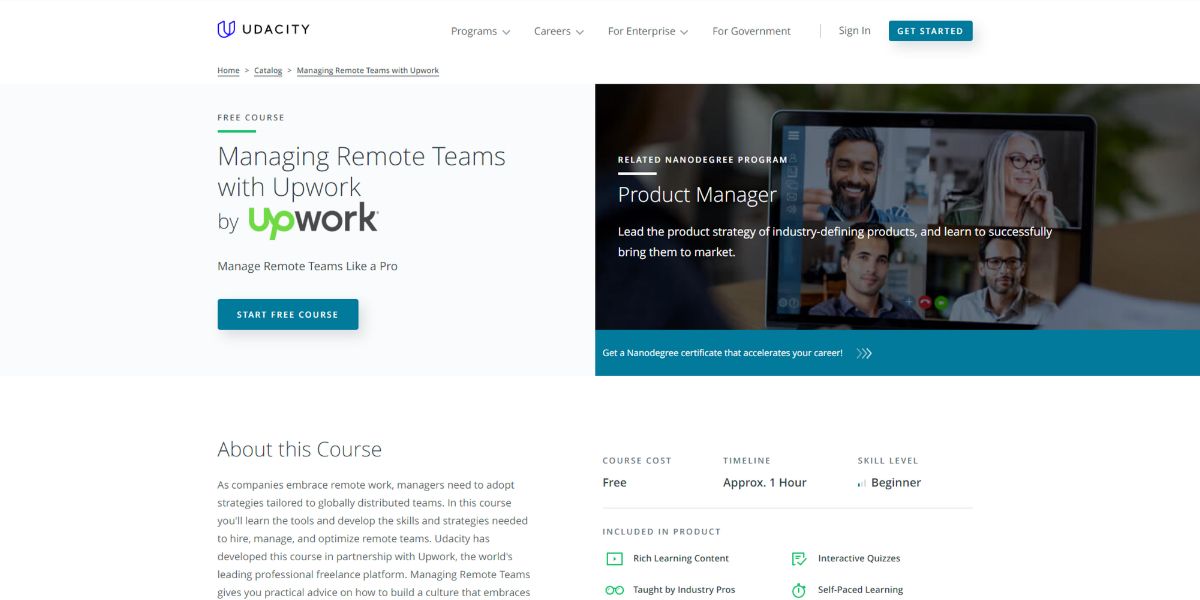 The Udacity course Managing Remote Teams With Upwork's website