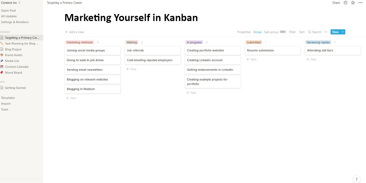 An image of marketing yourself in a kanban board