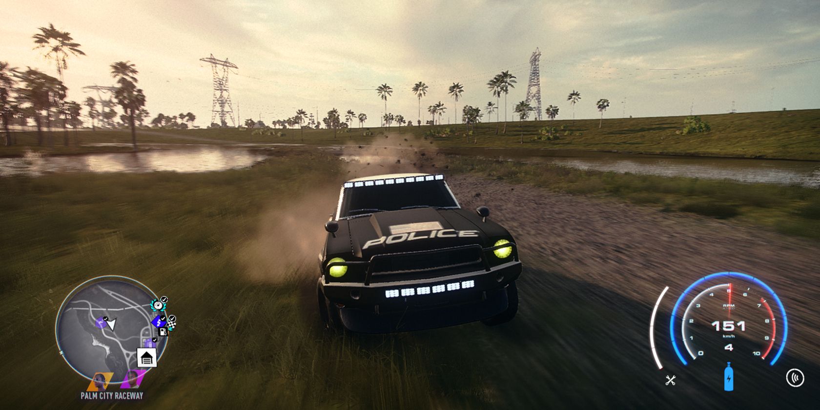Ford Mustang in Police markings driving across a swampy road in Need for Speed Heat