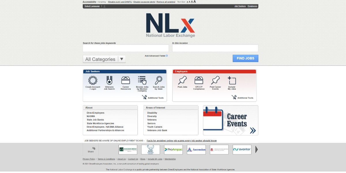 The visual of the National Labor Exchange website of USA