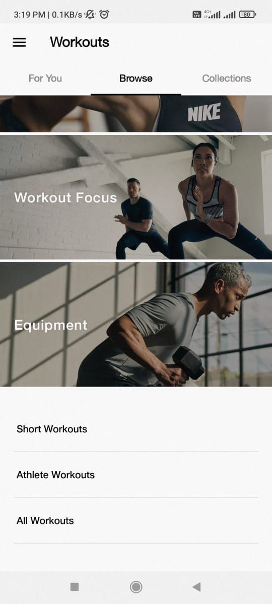 Nike training club app browsing workouts