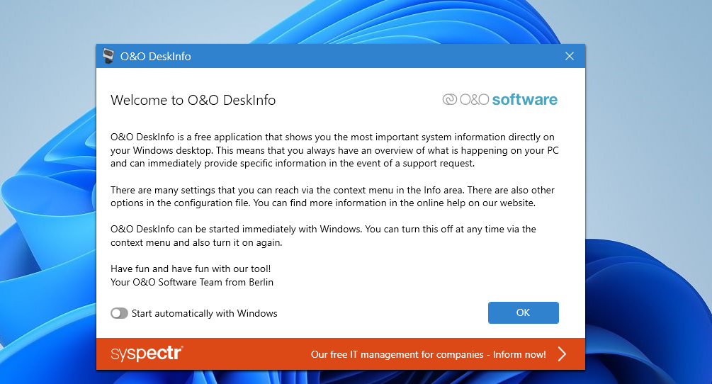 The O&O Desktop Info welcome window 