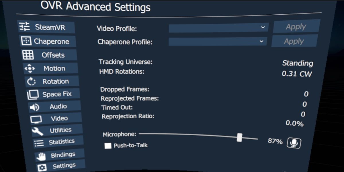 a screenshot of the openvr advanced settings main menu
