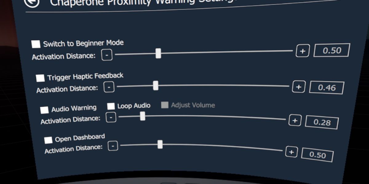 a screenshot of the openvr advanced settings proximity warning screen