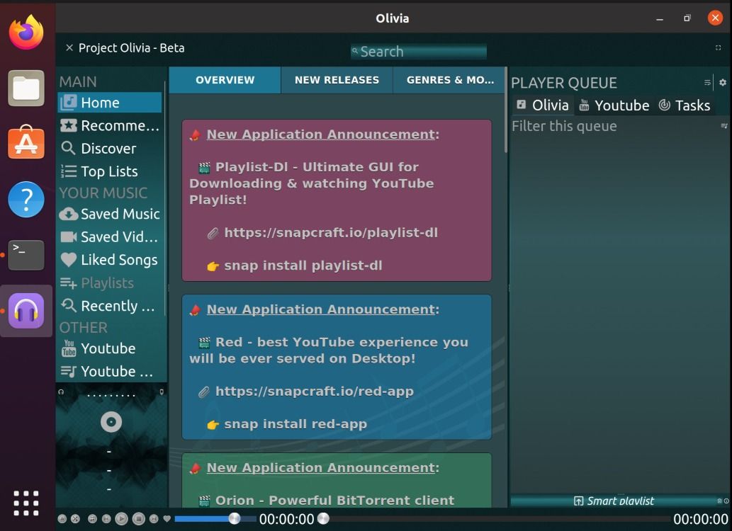Interface de l'application Olivia Linux