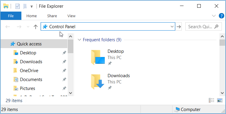 Opening the Control Panel Via File Explorer's Address Bar