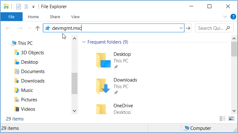 Opening the Device Manager using File Explorer's Address Bar