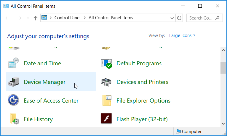 Opening the Device Manager using the Control Panel
