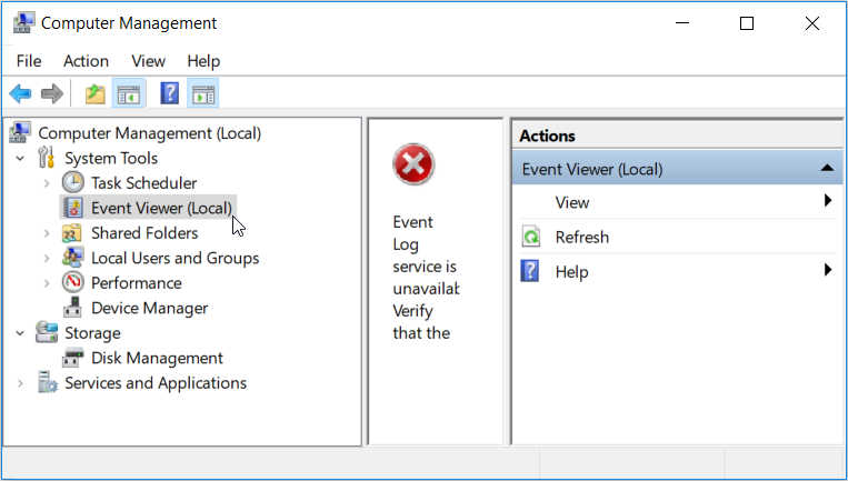 Opening the Event Viewer using the Computer Management Tool