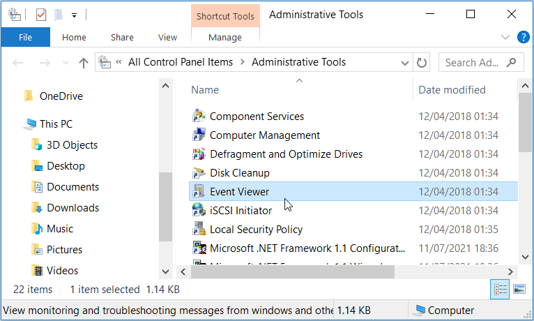 Opening the Event Viewer using the Control Panel