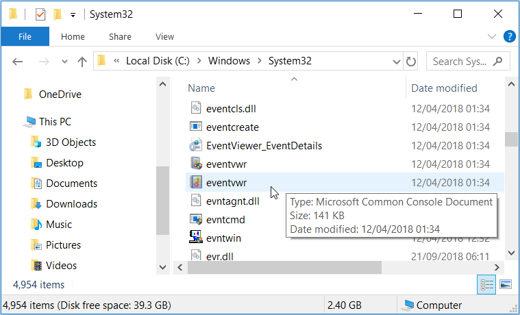 Opening the Event Viewer via the System32 folder