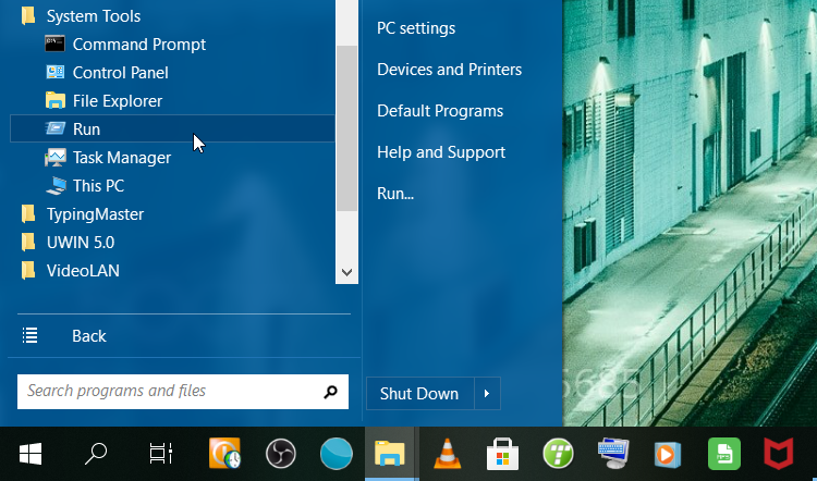 Opening the Run Command Dialog Box using the Start Menu