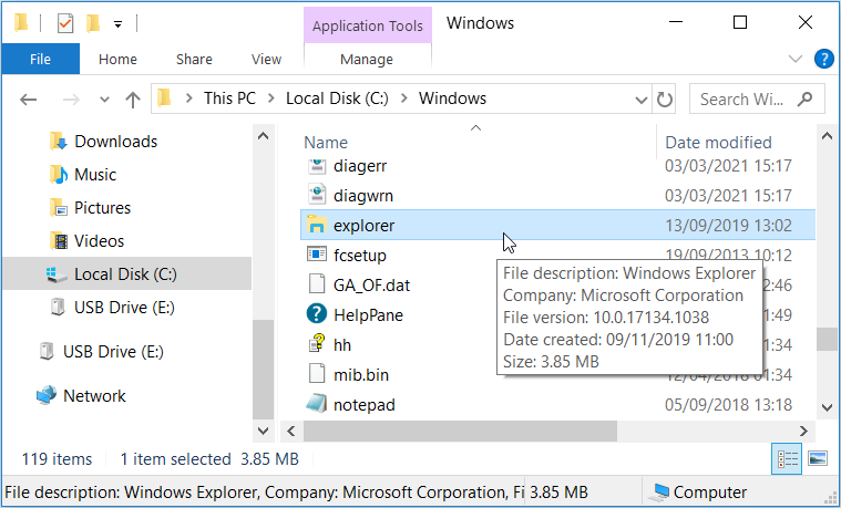 Opening the Windows File Explorer via the Windows folder