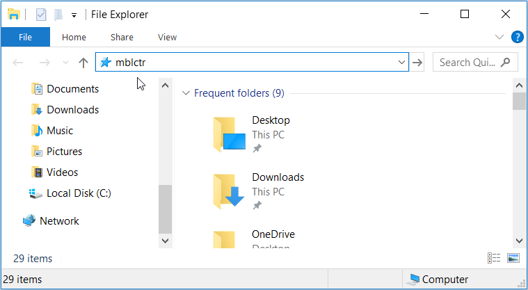 Opening the Windows Mobility Center using File Explorer's address bar