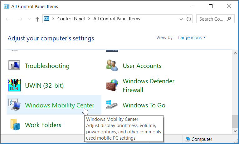 Opening the Windows Mobility Center using the Control Panel