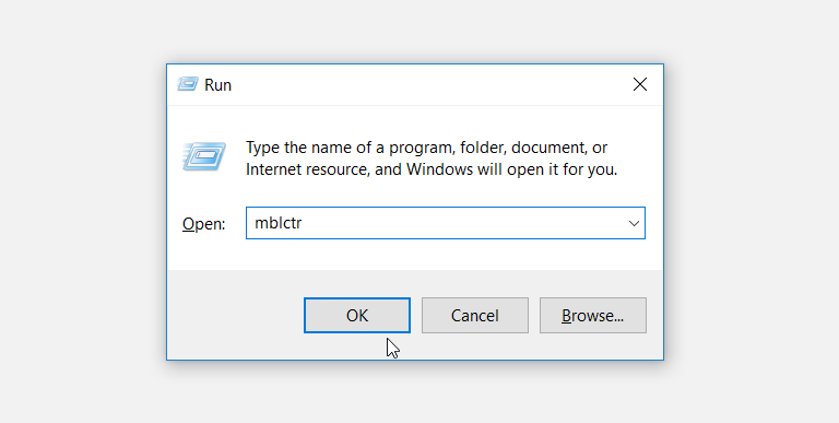Opening the Windows Mobility Center using the Run command dialog box