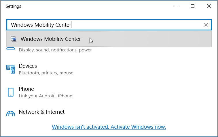 Opening the Windows Mobility Center using the system settings