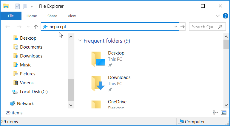 Opening the Windows Network Connections Tool using File Explorer's Address Bar