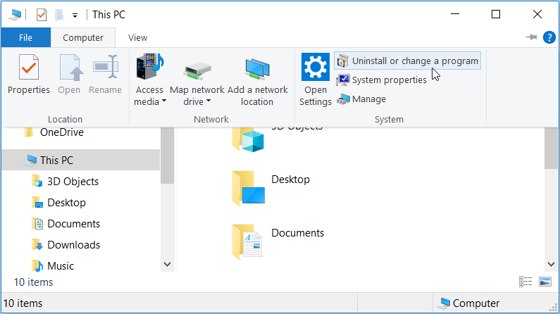 Opening the Windows Programs and Features Tool using File Explorer