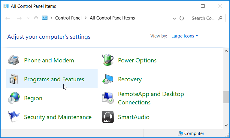 Opening the Windows Programs and Features Tool using the Control Panel