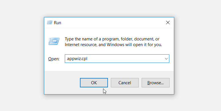 Opening the Windows Programs and Features Tool using the Run command dialog box