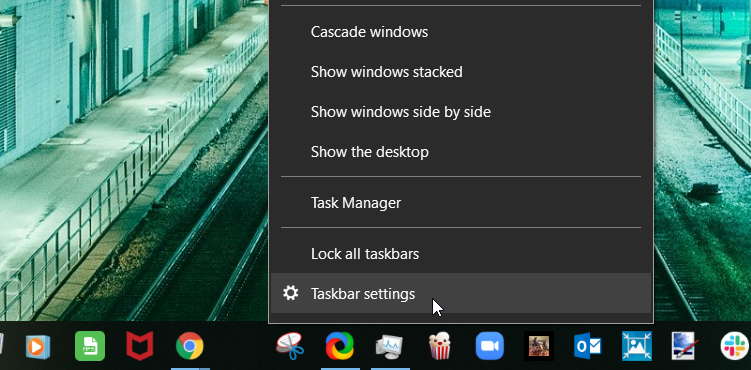 Opening the Windows System Settings using the taskbar settings