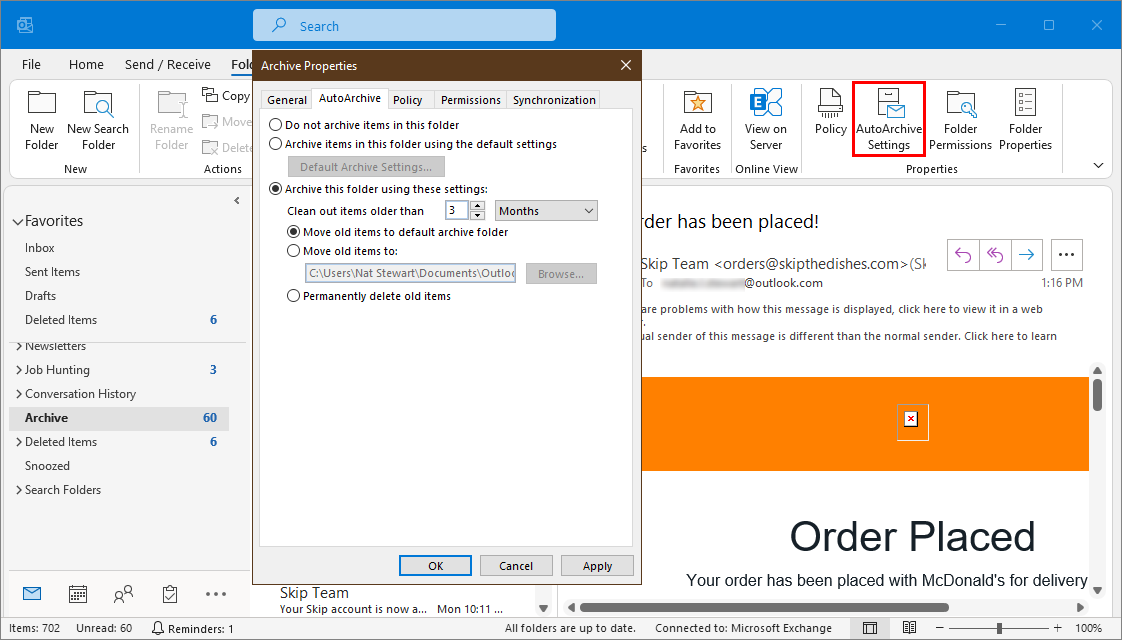Outlook Desktop Auto Archive options