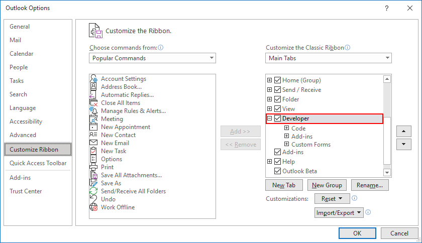 Outlook Desktop Options to Customize the Ribbon
