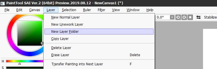 Painttool adding a new layer folder from the menu