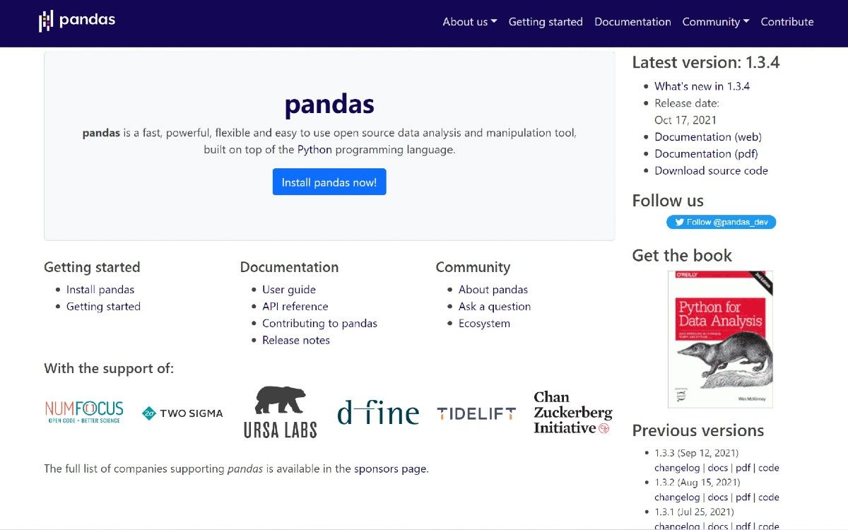 Pandas website interface