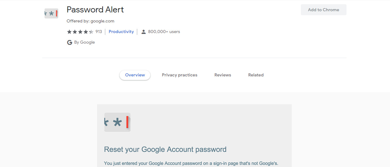 A Screenshot of Password Alert's Extension Page