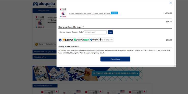 Tampilan visual checkout dengan Bitcoin di Playasia