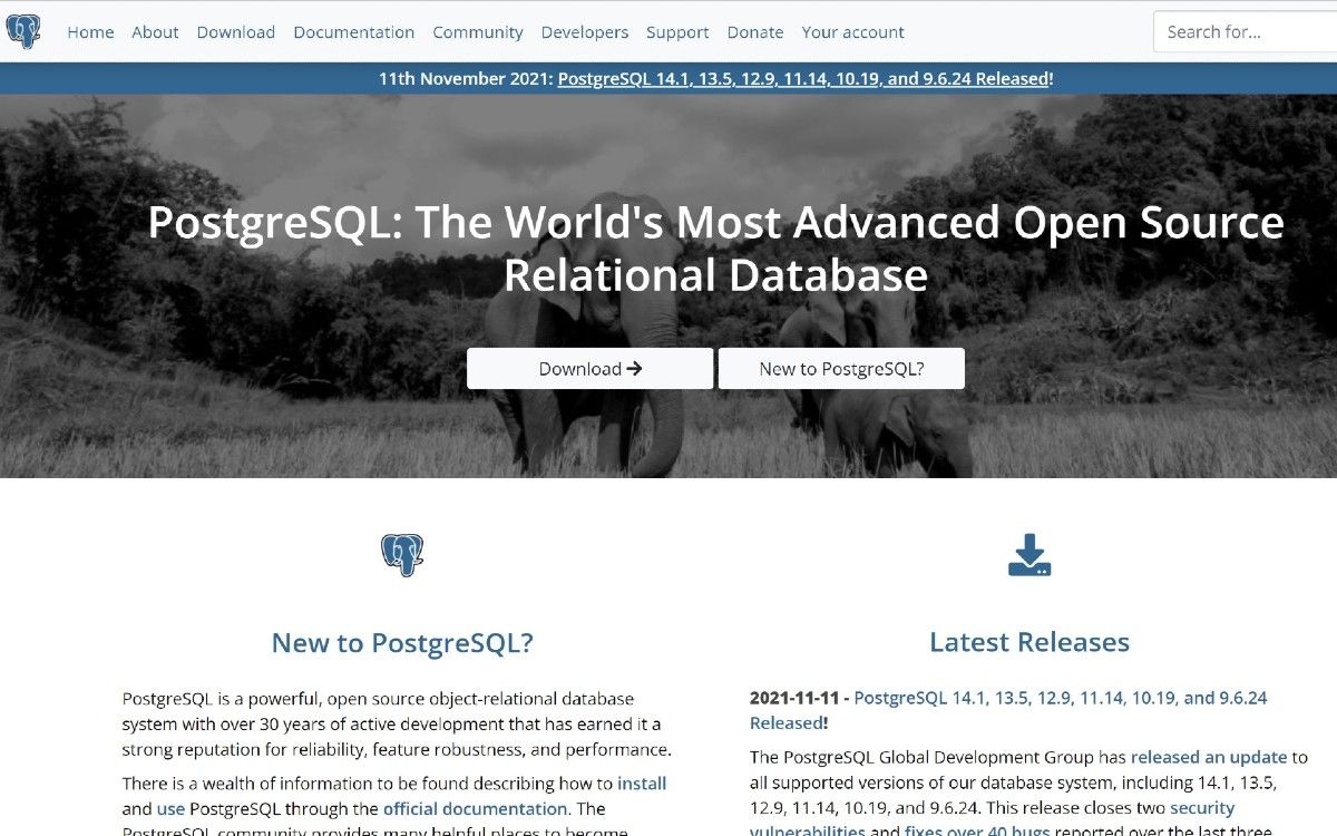 PostgreSQL website interface