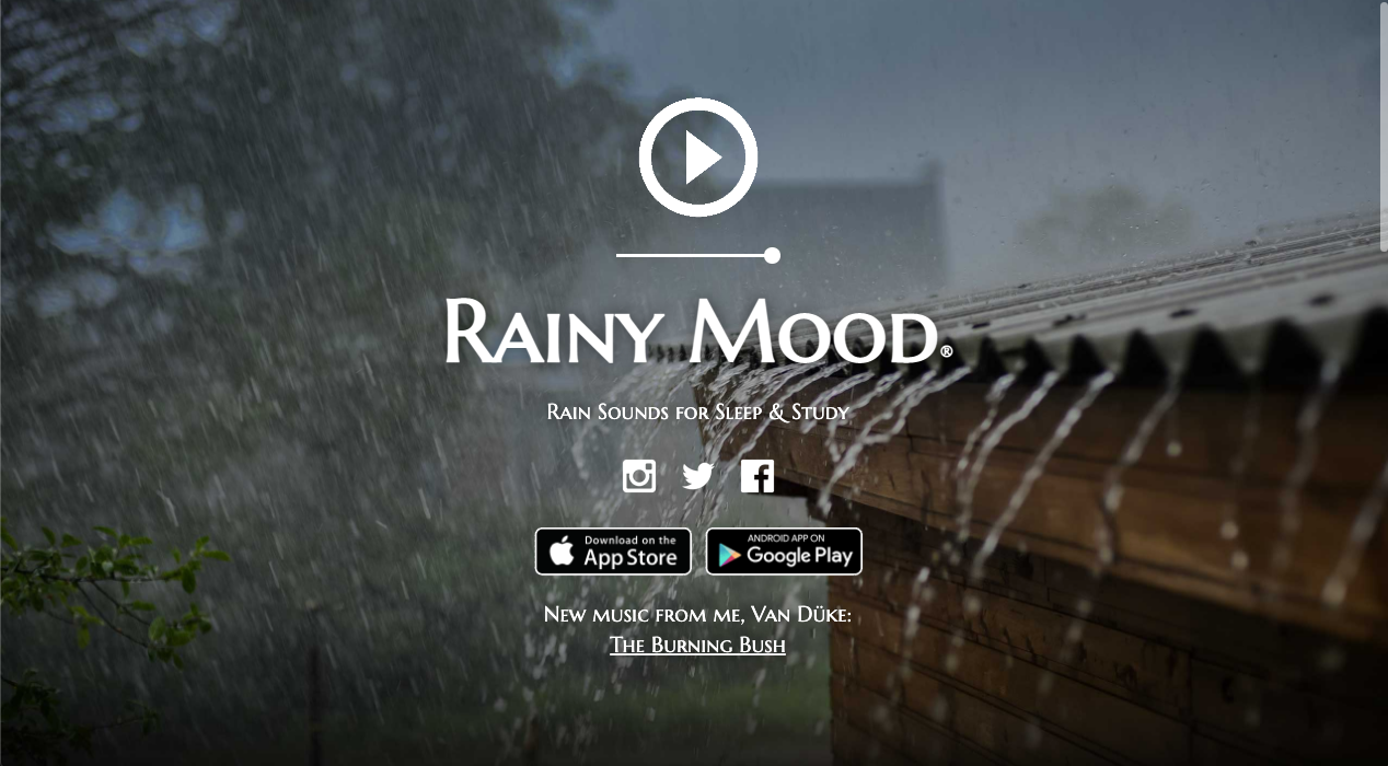Screenshot of a website with an audio player and a picture of rain