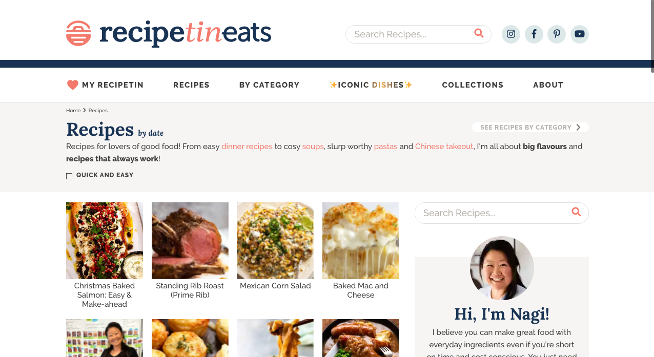 Screenshot of recipe blog in a grid layout
