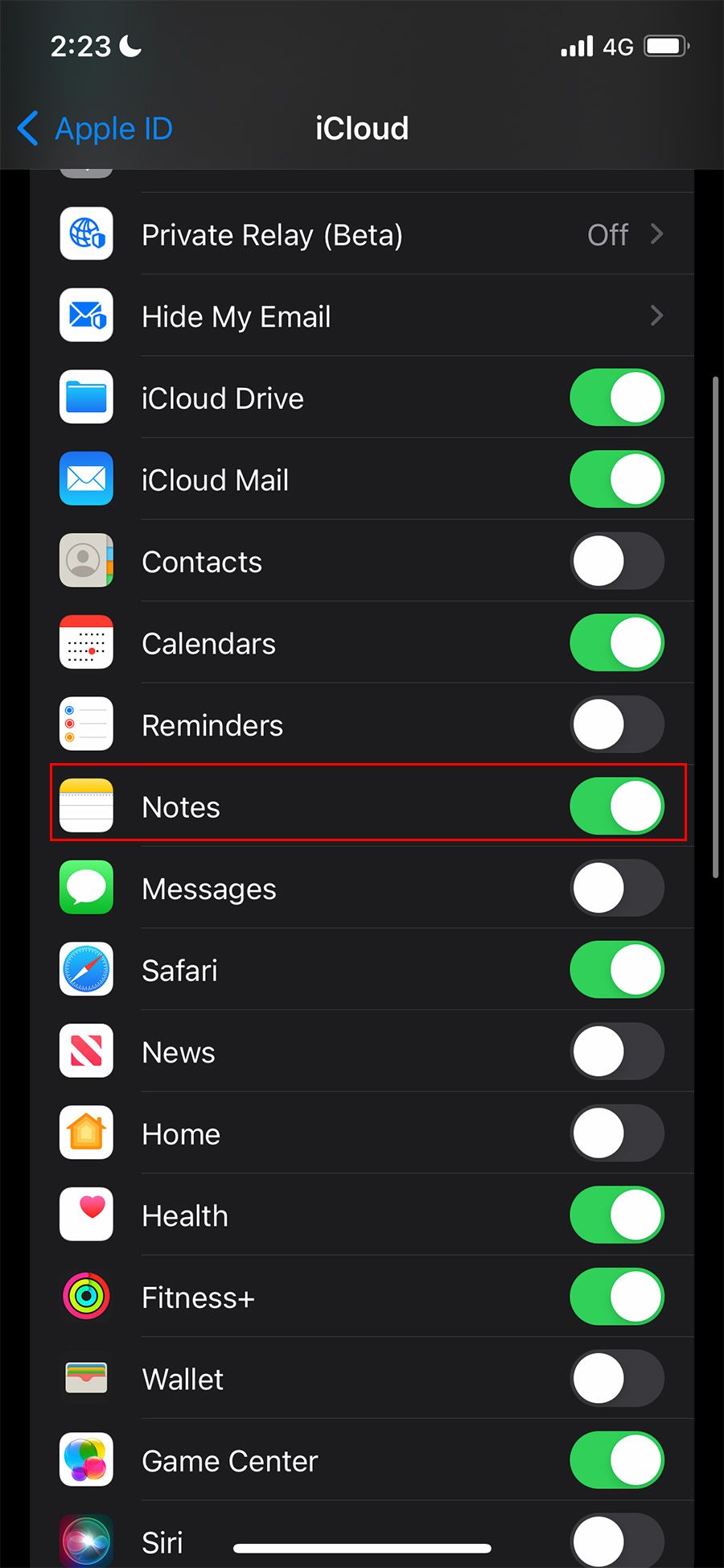 Notes toggle in iCloud Settings