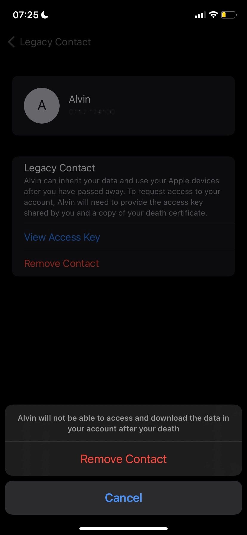 Removing Legacy Contact confirmation pop-up