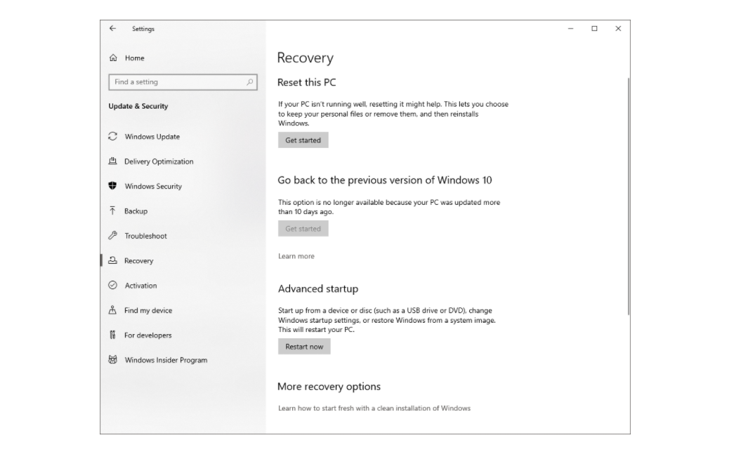 Resetting PC in Windows