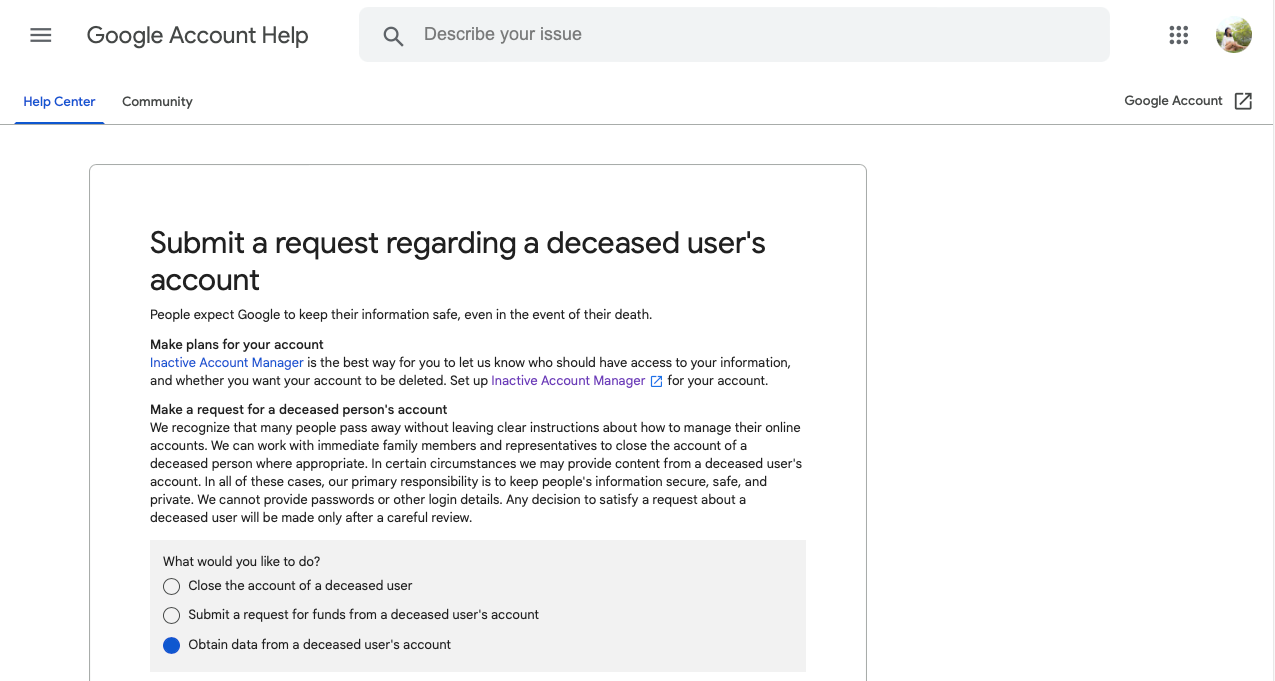 Google Account Submit a Request Re: Deceased User