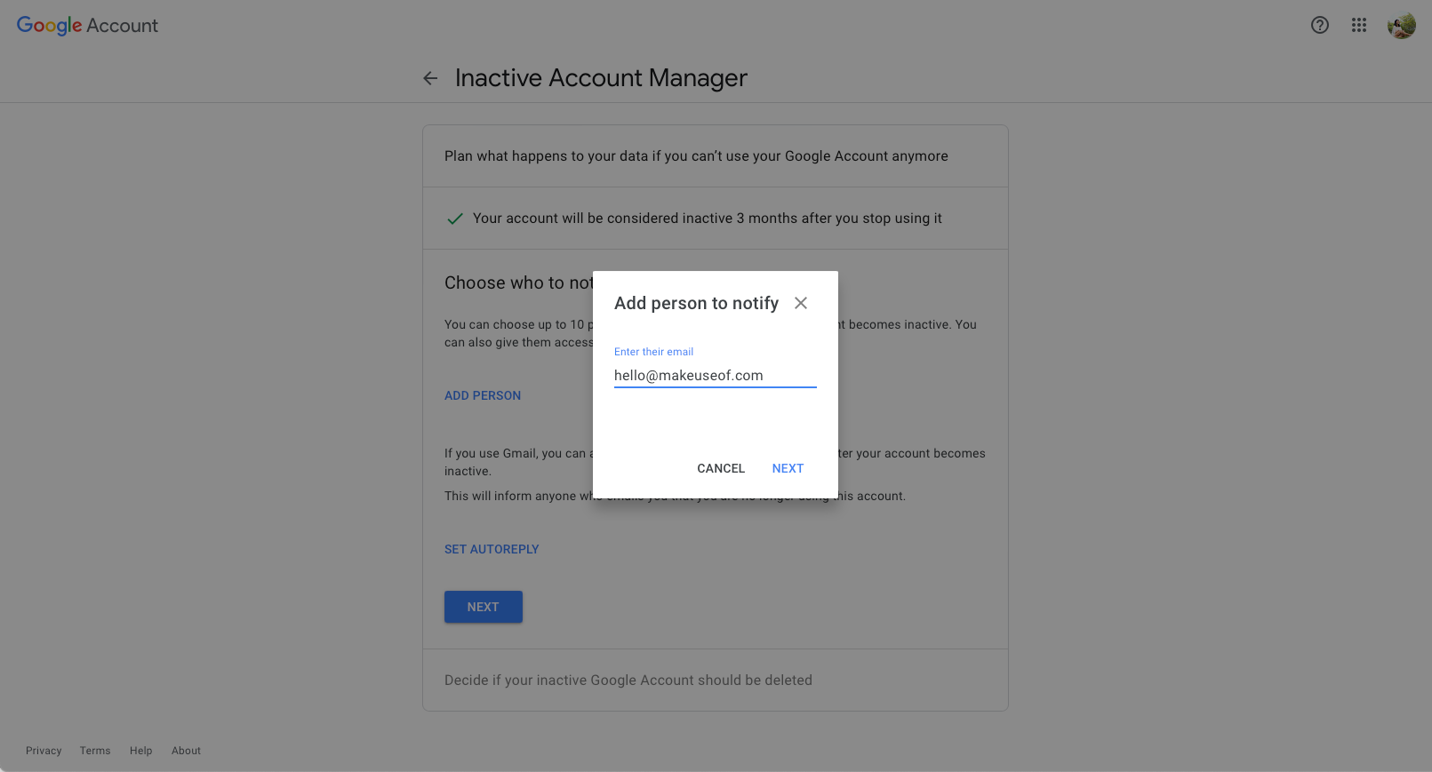 Gmail Inactive Account Manager - Choose Contact