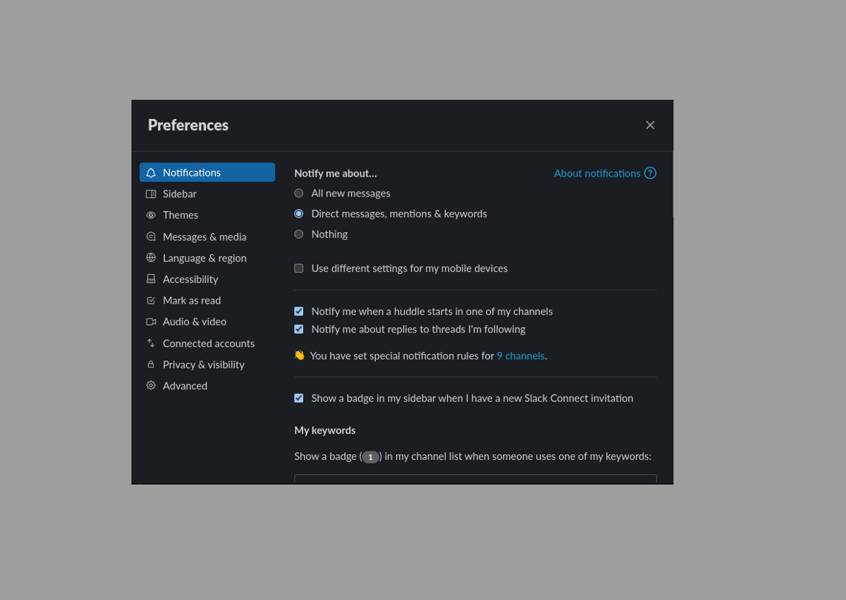 Screenshot of Slack Preferences Window